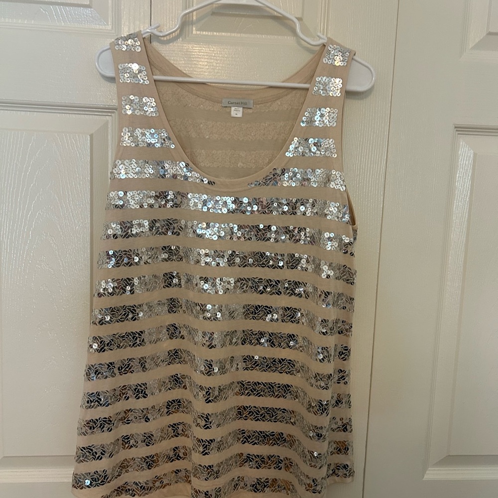 Garnet Hill Sequin Striped Tank Top in Cream and Silver